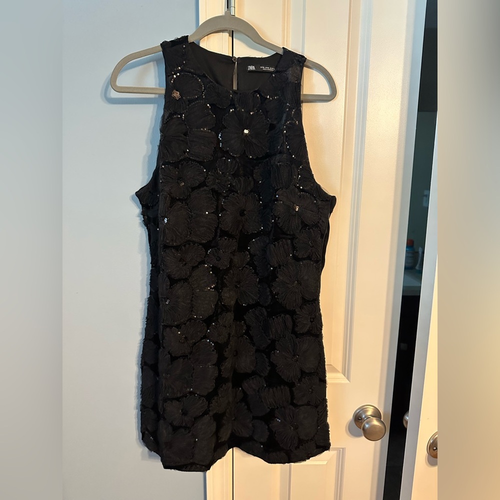 Zara Black Textured Floral Mini Dress